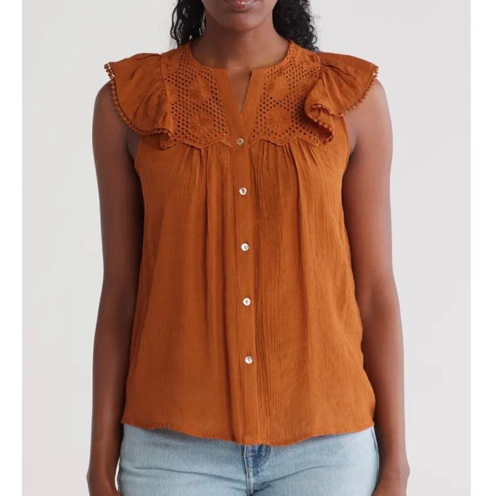 Nanette Lepore Flutter Sleeve Button Up Shirt Glazed Ginger Size Medium